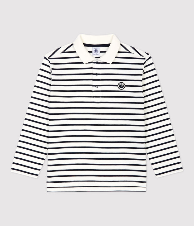 Polo bambino a maniche lunghe a righe in cotone bianco/blu